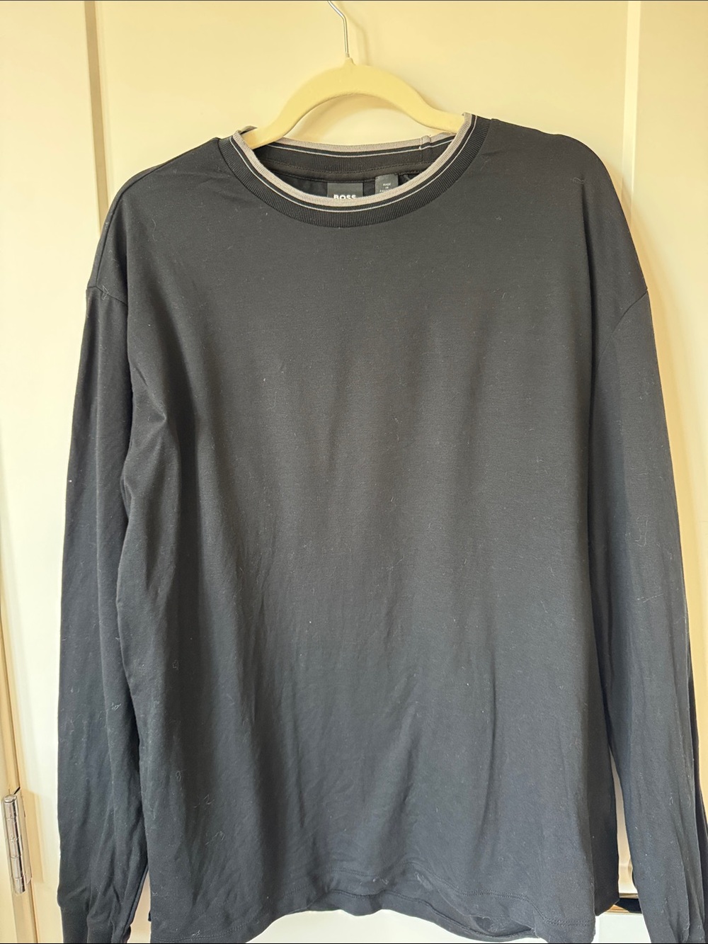 Boss Black Long-Sleeve Crewneck with Light Gray Neck Trim